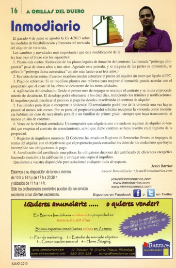 Artículo del mes de Julio en la revista "A Orillas del Duero"